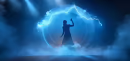 a man standing on top of a stage with lightning