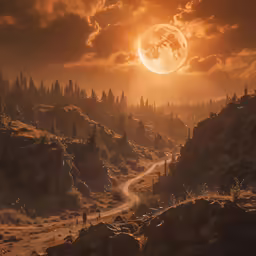 a full moon is shown above some rocky terrain