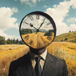 a clock on the face of a businessman in front of an open field