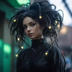 a woman with black hair wearing lights around her head