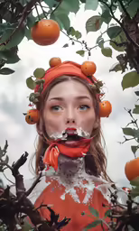 a woman in orange and white painted her face