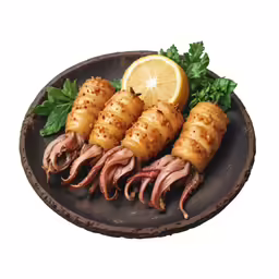 a plate topped with meat wrapped in lemon slices