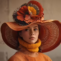 a beautiful woman wearing an orange hat with flowers on top
