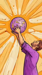 man holding up a large purple ball against yellow background