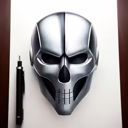 a mask with black markings on the face is sitting next to a pen