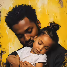 a father taking care of his child, she is holding