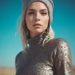 a model wearing a silver dress with a beanie on it
