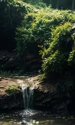 a bird sitting on the edge of a stream in the woods