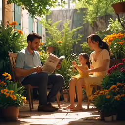 a couple and their little daughter sit in front of a garden