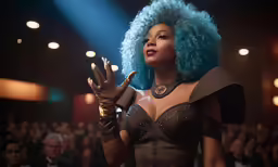 the blue haired woman waves and holds her hands up