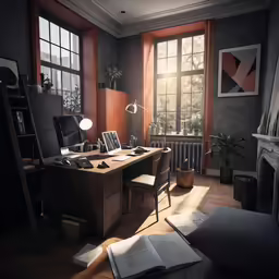 a dark and cluttered home office with sunlight coming through the windows