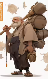 a man with a bag and big, long mustache carrying many items