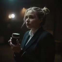 a woman is holding a cup of coffee