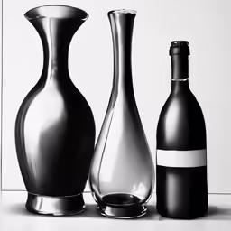 three bottles are shown, and one is filled with wine