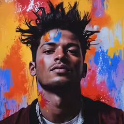 a young man with dread locks in front of a wall with colorful paint