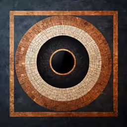 a mosaic artwork design with brown and white bricks and a black circle