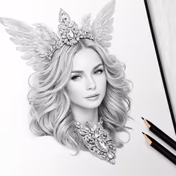 a drawing of a girl with wings on her head