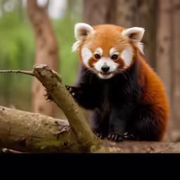 red panda in captivity sitting on a log