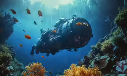 an underwater diver looks out over the coral reef in a scuba dive