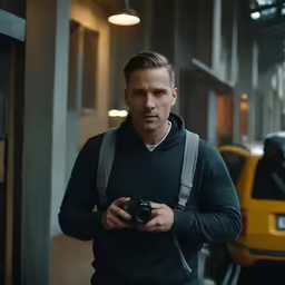 man carrying camera as he stands in a building