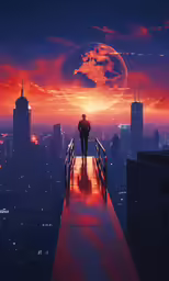 a man is walking towards a city and that looks like an alien moon
