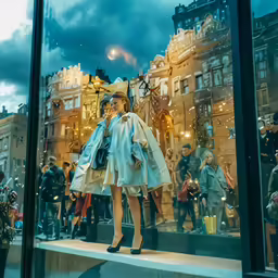 a woman stands outside of a store window