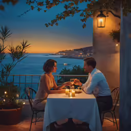 a couple at a table having wine and candlelight dinner
