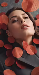a woman with leaves on her head and face in front of them