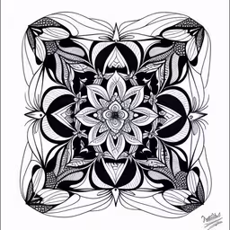 black and white flowered geometric design with a few lines on the center
