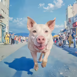 a dog jumping to get on the road and some people
