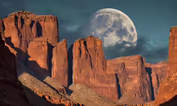 a full moon is above the mountain peaks