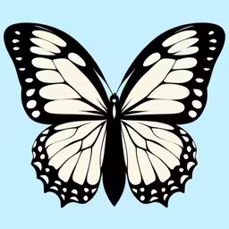 the black and white butterfly is on a blue background,a butterfly is flying with its wings spread