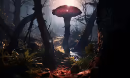 a large mushroom standing in a forest surrounded by trees