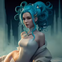 an image of a woman with blue hair sitting down