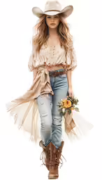 a beautiful woman standing wearing jeans and boots