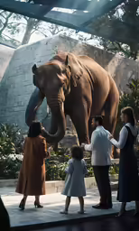 people standing in front of a large elephant at a zoo