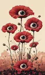 the artwork is red and black and features eyeballs