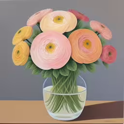 a painting of some flowers in a vase,there are many roses in the glass with water,the painting shows an open flower vase,a painting of pastel flowers in a vase,a painting of a vase filled with colorful flowers
