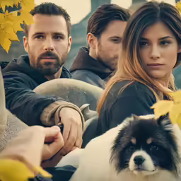 a man and woman looking at their dog next to the driver and passenger