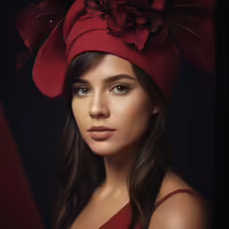 the woman is wearing a red hat with a flower on it