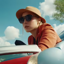 a woman wearing sunglasses and a hat on a car