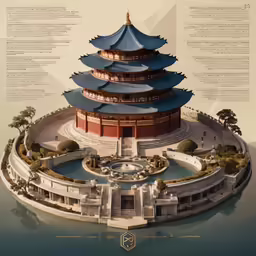 a chinese architecture model in water