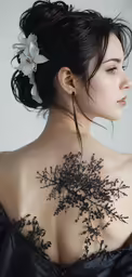 a woman with her back to the camera and flowers in her hair