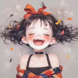 a girl is laughing while she has her hair blowing in the wind