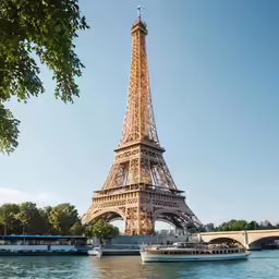 a boat in the water near a large tower