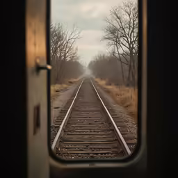 a window looking at an abandoned train track