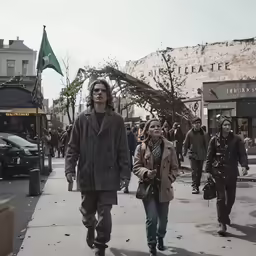 a man and a woman walking down a street