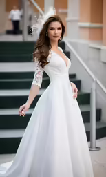 a woman is standing next to steps in a dress