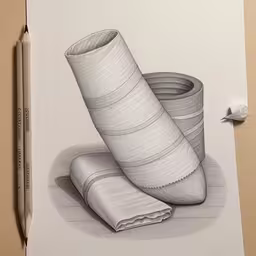 a drawing of some things sitting on top of a desk,a pencil drawing of stacks of white stacks next to a pair of shoes