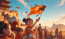 some cartoon characters in orange robes with people on a rocky hillside